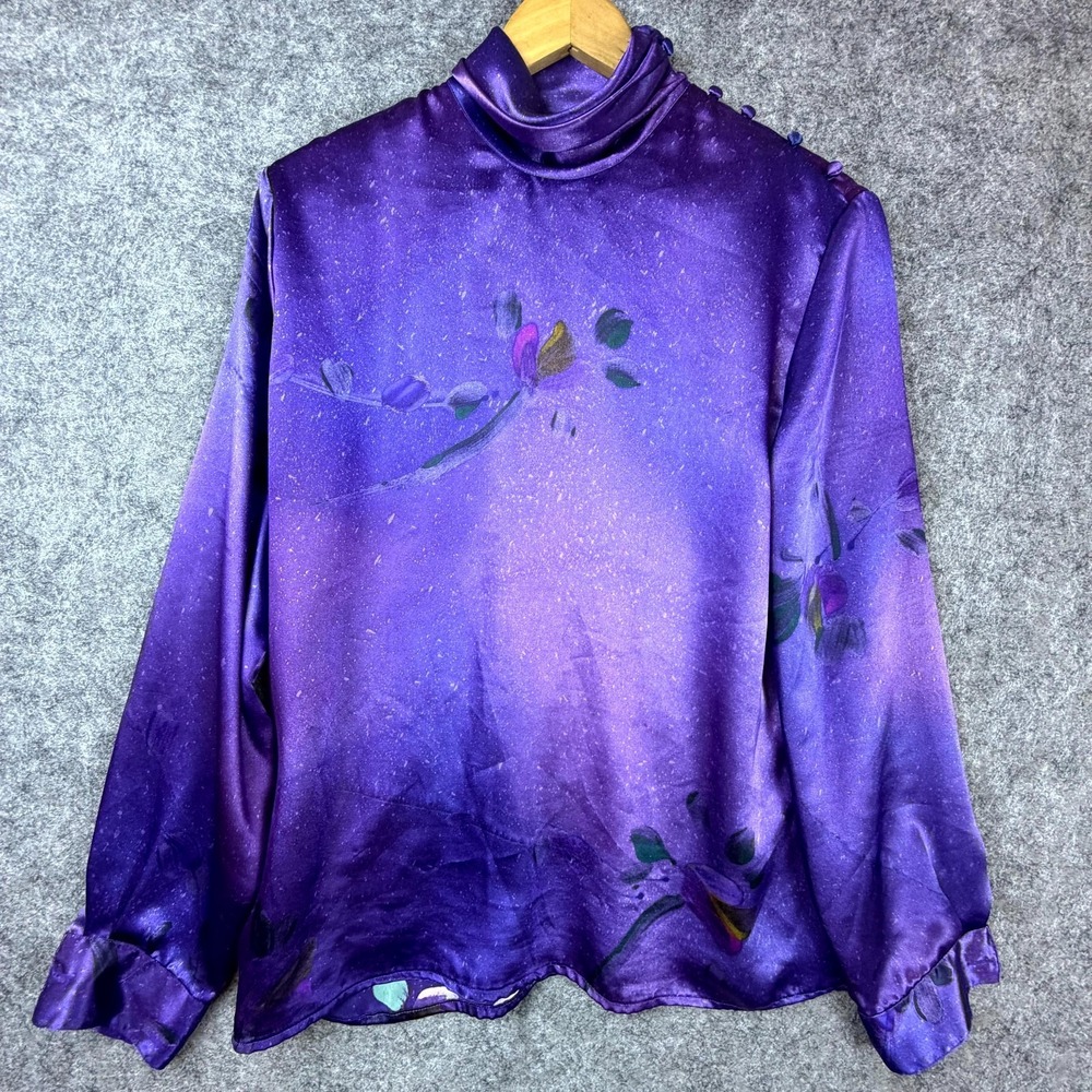Vintage Tess Secretary Blouse Top Womens 12 Purple Floral Shoulder Button Luxe‎
